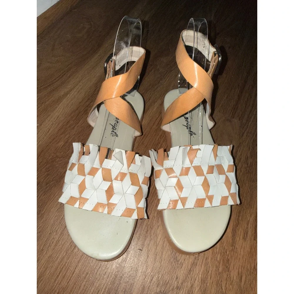 Free People Woven Leather Ankle Strap Platform Sandals Tan White Womens 6 Beach